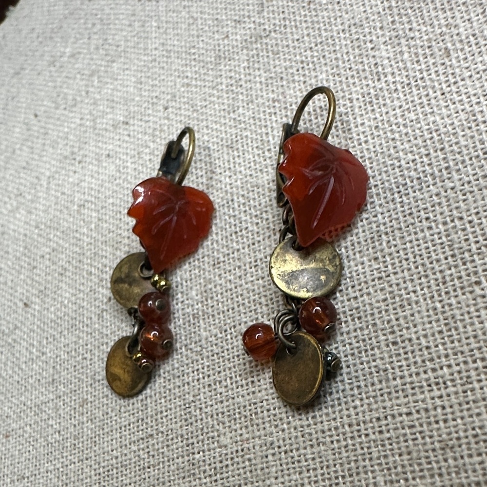 Elegant Leaf Drop Earrings in Red and Gold